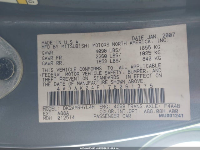 Продажа на аукционе авто 2007 Mitsubishi Eclipse Gs, vin: 4A3AK24F17E061375, номер лота: 46073440