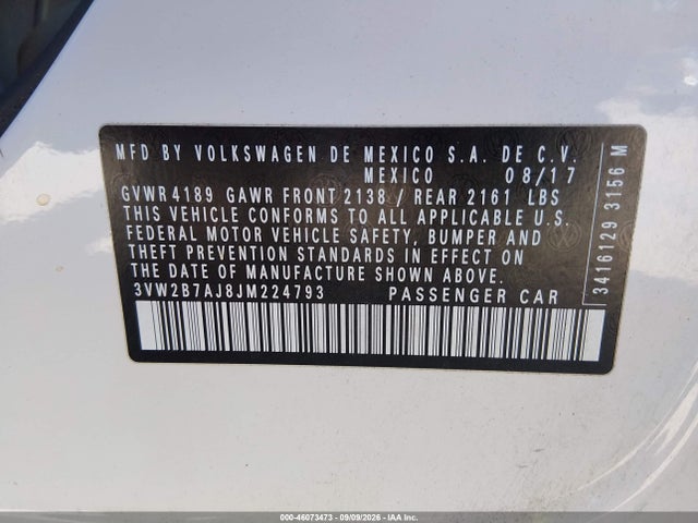 46073473 :رقم المزاد ، 3VW2B7AJ8JM224793 vin ، 2018 Volkswagen Jetta 1.4t S مزاد بيع