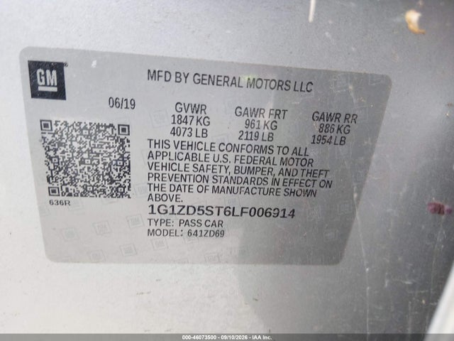 46073500 :رقم المزاد ، 1G1ZD5ST6LF006914 vin ، 2020 Chevrolet Malibu Fwd Lt مزاد بيع