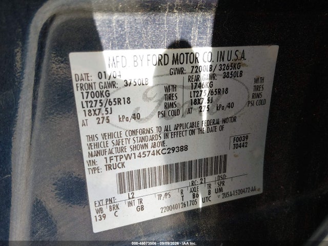 Продаж на аукціоні авто 2004 Ford F-150 Fx4/lariat/xlt, vin: 1FTPW14574KC29388, номер лоту: 46073506
