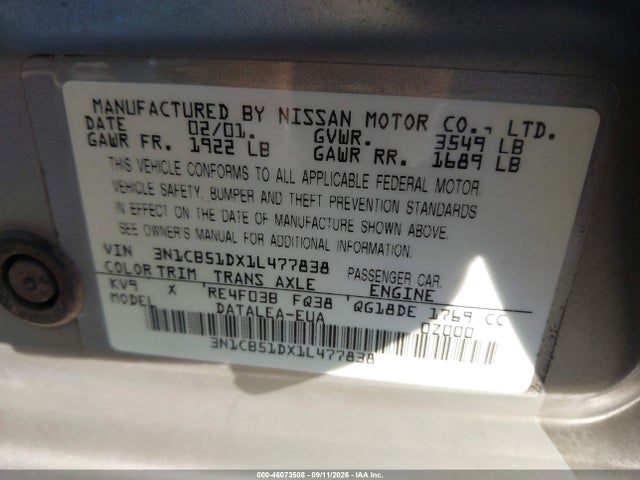 46073508 :رقم المزاد ، 3N1CB51DX1L477838 vin ، 2001 Nissan Sentra Gxe مزاد بيع