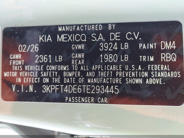 2026 Kia K4 Lxs მანქანა იყიდება აუქციონზე, vin: 3KPFT4DE6TE293445, აუქციონის ნომერი: 46073511