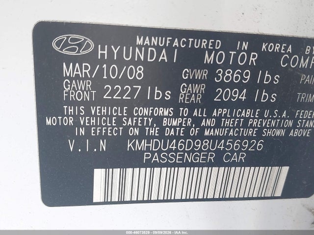 Продажа на аукционе авто 2008 Hyundai Elantra Gls/se, vin: KMHDU46D98U456926, номер лота: 46073529