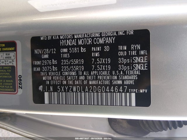 Продаж на аукціоні авто 2013 Hyundai Santa Fe Sport 2.0t, vin: 5XYZWDLA2DG044647, номер лоту: 46073537