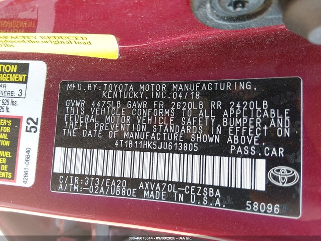 2018 Toyota Camry Se მანქანა იყიდება აუქციონზე, vin: 4T1B11HK5JU613805, აუქციონის ნომერი: 46073544