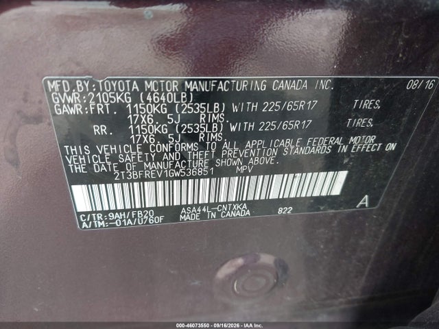Продажа на аукционе авто 2016 Toyota Rav4 Le, vin: 2T3BFREV1GW536851, номер лота: 46073550