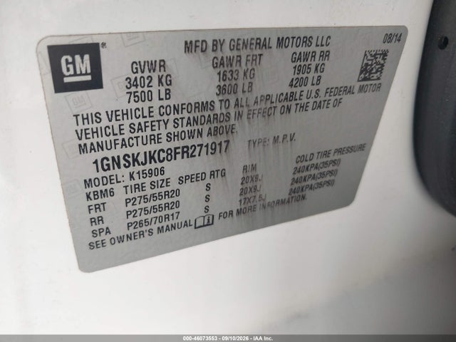 Aukcja sprzedaży 2015 Chevrolet Suburban 1500 Lt, vin: 1GNSKJKC8FR271917, numer aukcji: 46073553