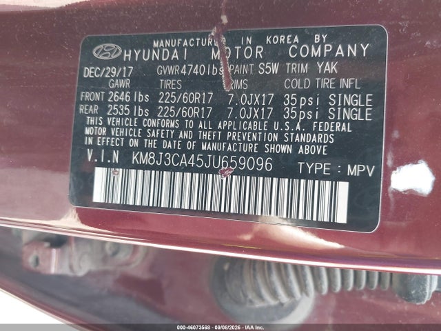 Продажа на аукционе авто 2018 Hyundai Tucson Sel, vin: KM8J3CA45JU659096, номер лота: 46073568