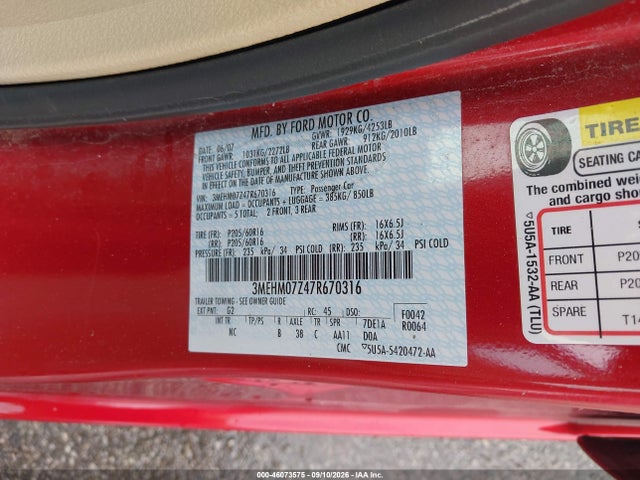 46073575 :رقم المزاد ، 3MEHM07Z47R670316 vin ، 2007 Mercury Milan I4 مزاد بيع
