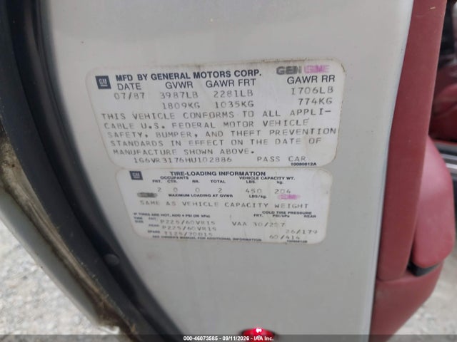 46073585 :رقم المزاد ، 1G6VR3176HU102886 vin ، 1987 Cadillac Allante مزاد بيع