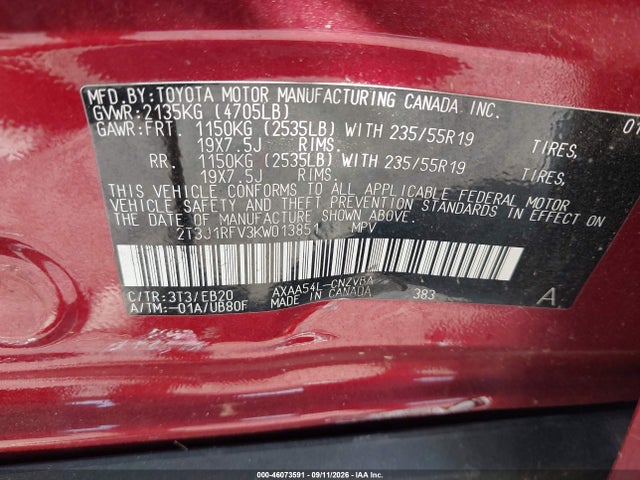 2019 Toyota Rav4 Adventure მანქანა იყიდება აუქციონზე, vin: 2T3J1RFV3KW013851, აუქციონის ნომერი: 46073591