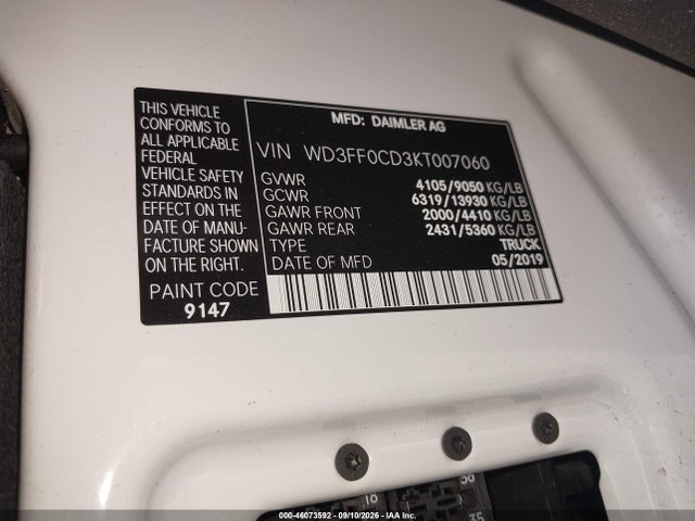 Продажа на аукционе авто 2019 Mercedes-benz Sprinter 2500 Standard Roof V6, vin: WD3FF0CD3KT007060, номер лота: 46073592