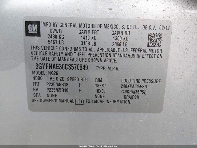 2012 Cadillac Srx Luxury Collection მანქანა იყიდება აუქციონზე, vin: 3GYFNAE30CS570849, აუქციონის ნომერი: 46073602