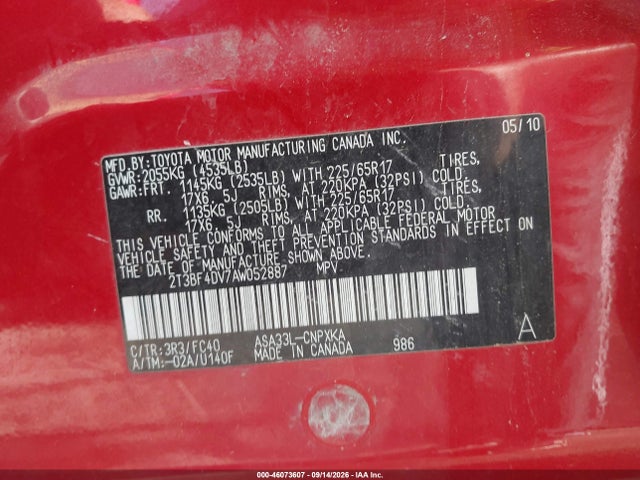 Продаж на аукціоні авто 2010 Toyota Rav4, vin: 2T3BF4DV7AW052887, номер лоту: 46073607