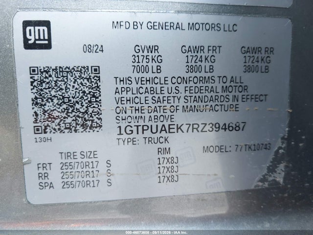 Продаж на аукціоні авто 2024 Gmc Sierra 1500 4wd  Standard Box Pro, vin: 1GTPUAEK7RZ394687, номер лоту: 46073608