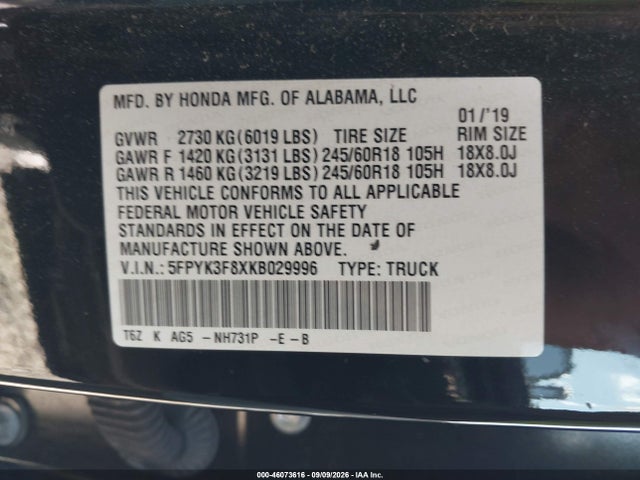 2019 Honda Ridgeline Black Edition მანქანა იყიდება აუქციონზე, vin: 5FPYK3F8XKB029996, აუქციონის ნომერი: 46073616