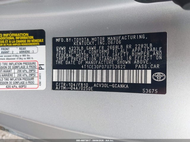 2007 Toyota Camry Solara Se მანქანა იყიდება აუქციონზე, vin: 4T1CE30P07U753622, აუქციონის ნომერი: 46073617