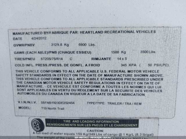 Продажа на аукционе авто 2013 Heartland Northtrail, vin: 5SFNB1923DE252454, номер лота: 46073627