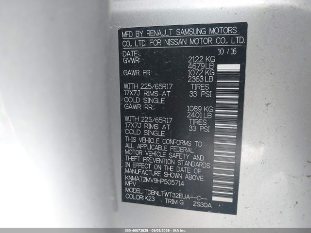 Продаж на аукціоні авто 2017 Nissan Rogue Sv, vin: KNMAT2MV9HP505714, номер лоту: 46073629