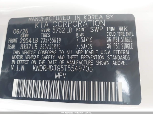 Aukcja sprzedaży 2026 Kia Sorento Hybrid Ex, vin: KNDRHDJG5T5549705, numer aukcji: 46073635