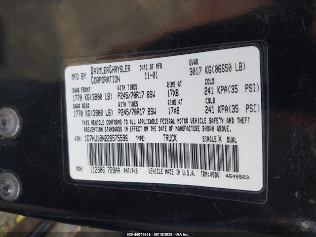 2002 Dodge Ram 1500 St მანქანა იყიდება აუქციონზე, vin: 1D7HU18N22S575596, აუქციონის ნომერი: 46073636