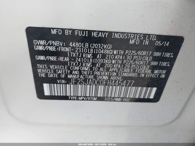 Продажа на аукционе авто 2015 Subaru Forester 2.5i Premium, vin: JF2SJADC0FH445477, номер лота: 46073656