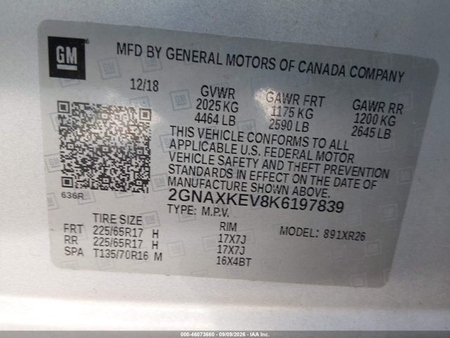 Aukcja sprzedaży 2019 Chevrolet Equinox Lt, vin: 2GNAXKEV8K6197839, numer aukcji: 46073660