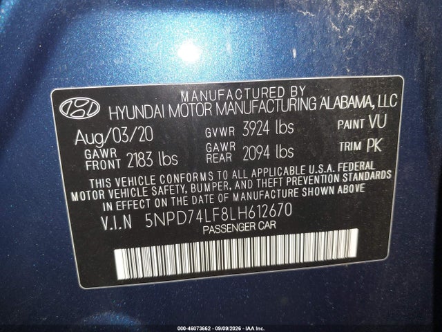 Aukcja sprzedaży 2020 Hyundai Elantra Se, vin: 5NPD74LF8LH612670, numer aukcji: 46073662