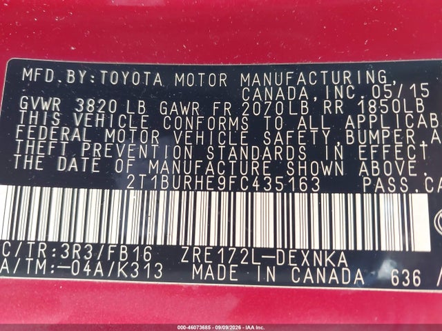 Продаж на аукціоні авто 2015 Toyota Corolla Le, vin: 2T1BURHE9FC435163, номер лоту: 46073685