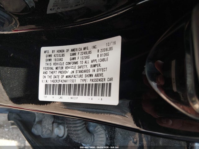 2017 Honda Accord Lx მანქანა იყიდება აუქციონზე, vin: 1HGCR2F42HA117501, აუქციონის ნომერი: 46073690
