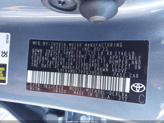 Продаж на аукціоні авто 2023 Toyota Corolla Le, vin: 5YFB4MDE7PP039565, номер лоту: 46073708