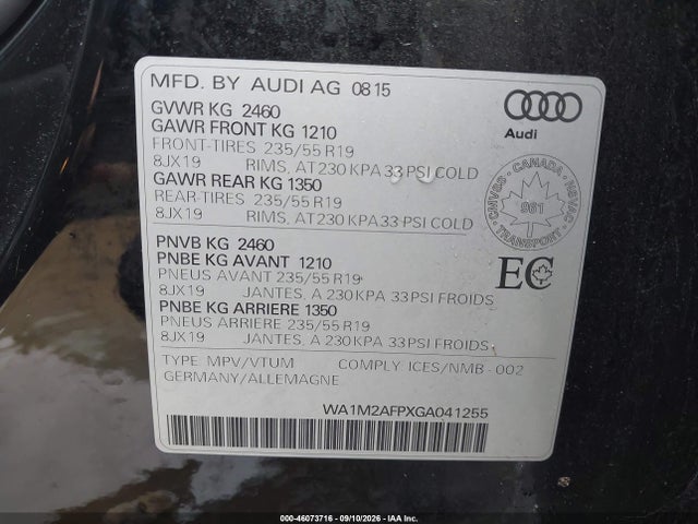 2016 Audi Q5 2.0t Progressiv მანქანა იყიდება აუქციონზე, vin: WA1M2AFPXGA041255, აუქციონის ნომერი: 46073716
