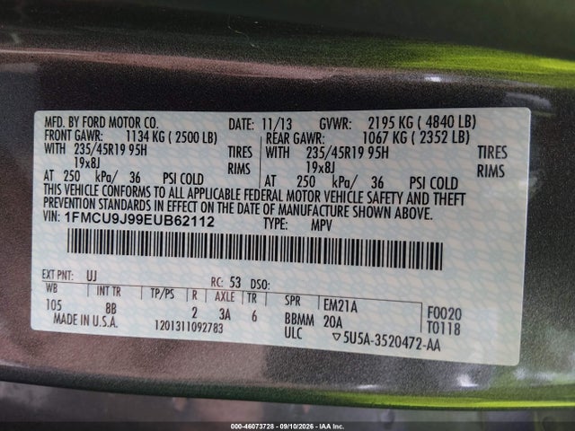 Продажа на аукционе авто 2014 Ford Escape Titanium, vin: 1FMCU9J99EUB62112, номер лота: 46073728