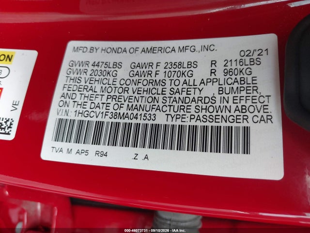 46073731 :رقم المزاد ، 1HGCV1F38MA041533 vin ، 2021 Honda Accord Sport مزاد بيع
