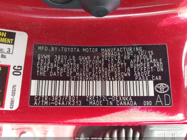 Aukcja sprzedaży 2016 Toyota Corolla Le, vin: 2T1BURHE5GC544592, numer aukcji: 46073736