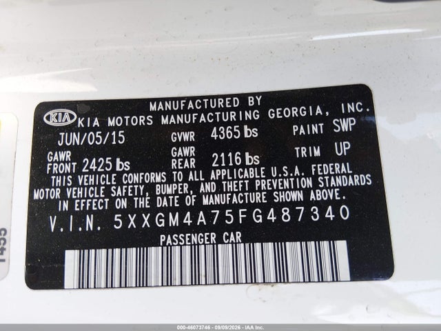 Продаж на аукціоні авто 2015 Kia Optima Lx, vin: 5XXGM4A75FG487340, номер лоту: 46073746