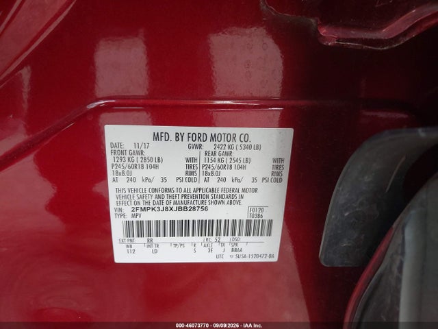 Продаж на аукціоні авто 2018 Ford Edge Sel, vin: 2FMPK3J8XJBB28756, номер лоту: 46073770