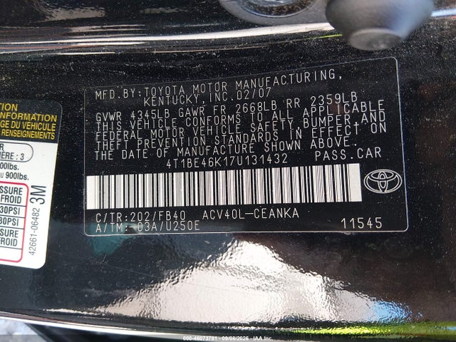 2007 Toyota Camry Ce მანქანა იყიდება აუქციონზე, vin: 4T1BE46K17U131432, აუქციონის ნომერი: 46073781