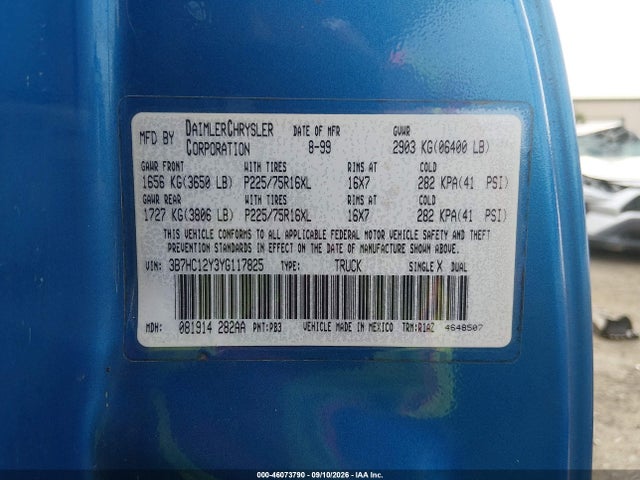Продаж на аукціоні авто 2000 Dodge Ram 1500 St, vin: 3B7HC12Y3YG117825, номер лоту: 46073790