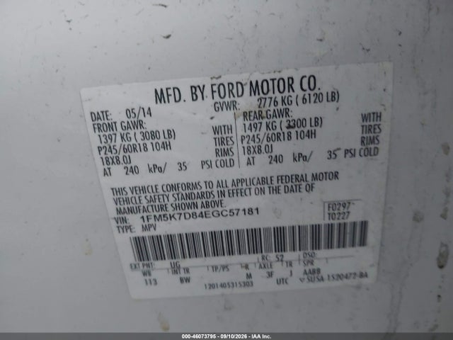 2014 Ford Explorer Xlt მანქანა იყიდება აუქციონზე, vin: 1FM5K7D84EGC57181, აუქციონის ნომერი: 46073795