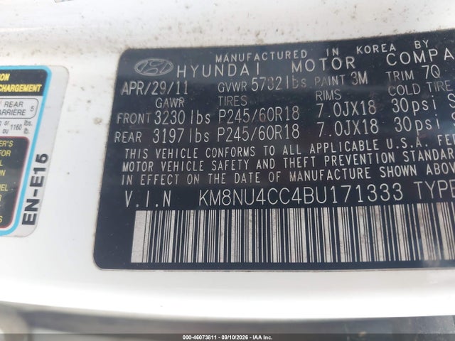 2011 Hyundai Veracruz Limited მანქანა იყიდება აუქციონზე, vin: KM8NU4CC4BU171333, აუქციონის ნომერი: 46073811