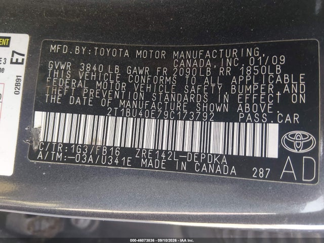 Aukcja sprzedaży 2009 Toyota Corolla Le, vin: 2T1BU40E79C173792, numer aukcji: 46073836