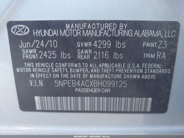 2011 Hyundai Sonata Gls მანქანა იყიდება აუქციონზე, vin: 5NPEB4ACXBH099125, აუქციონის ნომერი: 46073841