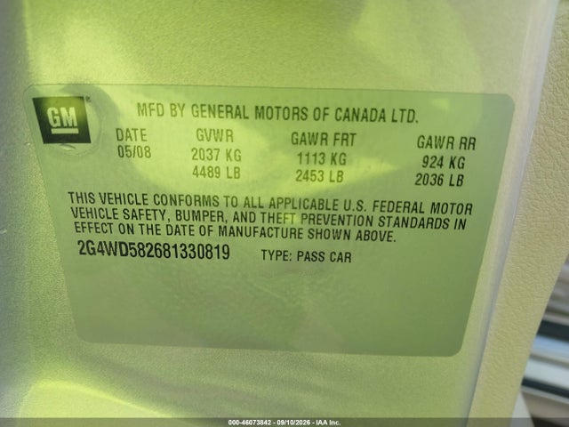 Aukcja sprzedaży 2008 Buick Lacrosse Cxl, vin: 2G4WD582681330819, numer aukcji: 46073842