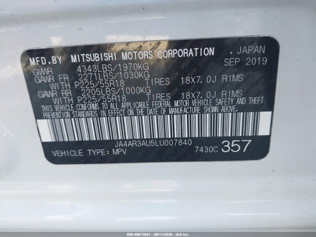 46073851 :رقم المزاد ، JA4AR3AU5LU007840 vin ، 2020 Mitsubishi Outlander Sport 2.0 Es Awc مزاد بيع