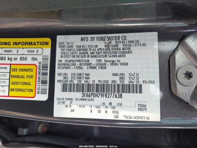 46073852 :رقم المزاد ، 3FA6P0H79FR277638 vin ، 2015 Ford Fusion Se مزاد بيع