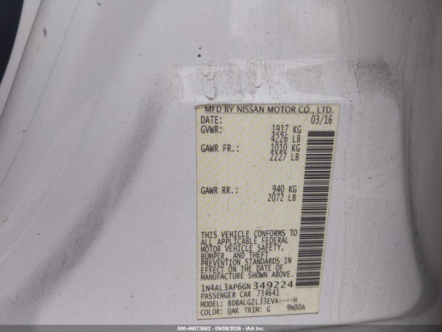 Aukcja sprzedaży 2016 Nissan Altima 2.5 S, vin: 1N4AL3AP6GN349224, numer aukcji: 46073862