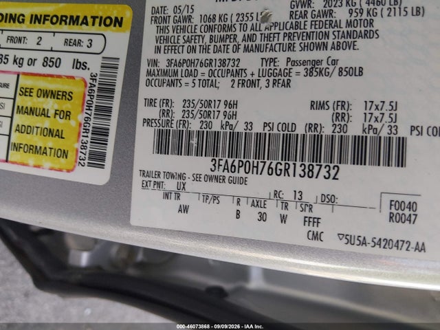 46073868 :رقم المزاد ، 3FA6P0H76GR138732 vin ، 2016 Ford Fusion Se مزاد بيع