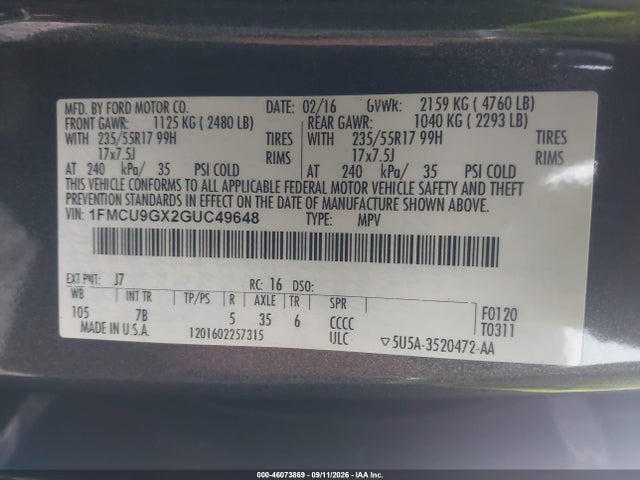 Продажа на аукционе авто 2016 Ford Escape Se, vin: 1FMCU9GX2GUC49648, номер лота: 46073869
