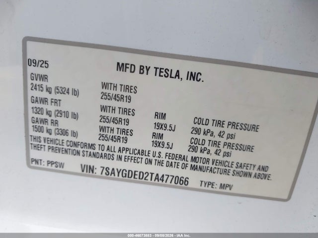 Продажа на аукционе авто 2026 Tesla Model Y Premium Rear-wheel Drive/rear-wheel Drive, vin: 7SAYGDED2TA477066, номер лота: 46073883